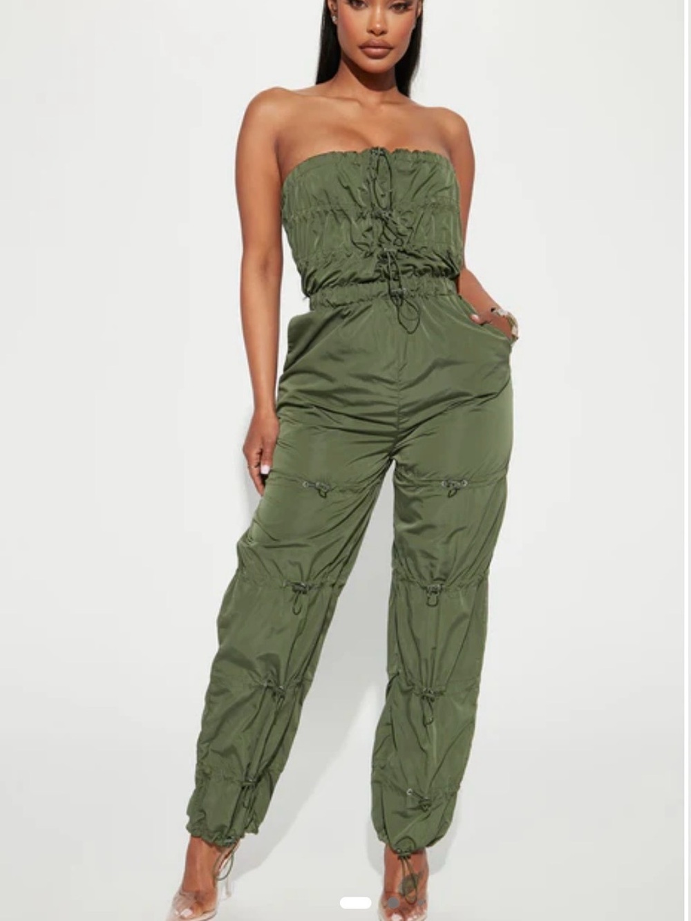Fashion Nova Women’s Corey Olive Green Strapless Toggle Cargo Jumpsuit Sz M~NWT